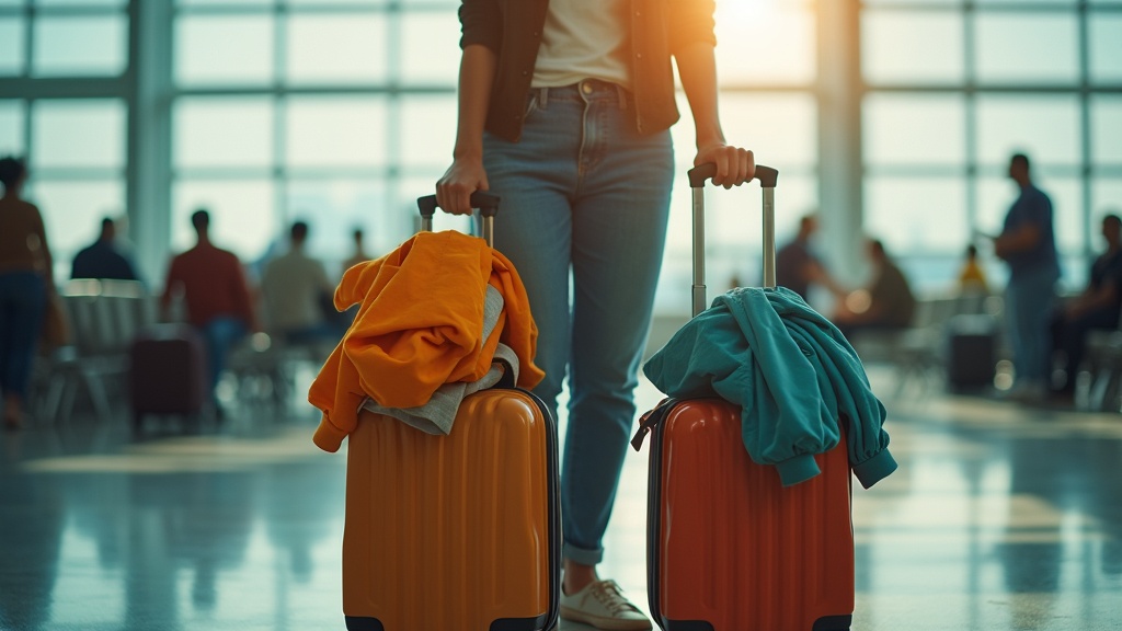 Traveler in a sunlit airport terminal contemplating two similar carry-on bags, with colorful clothing visible, capturing the challenge of practical packing decisions.
