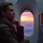 Traveler adjusting scarf near airplane window at dusk, softly lit by cabin lights, highlighting thoughtful precautions taken onboard.