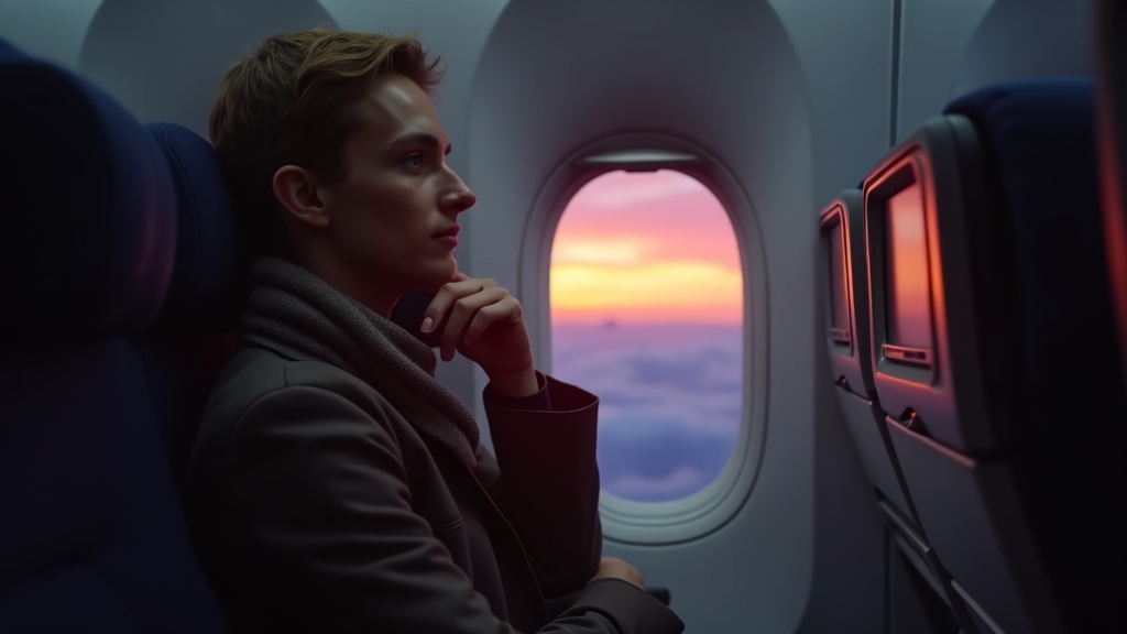 Traveler adjusting scarf near airplane window at dusk, softly lit by cabin lights, highlighting thoughtful precautions taken onboard.