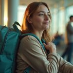 Traveler adjusting ergonomic backpack in a sunlit airport lounge, appearing comfortable and relaxed amid a softly blurred, busy background.