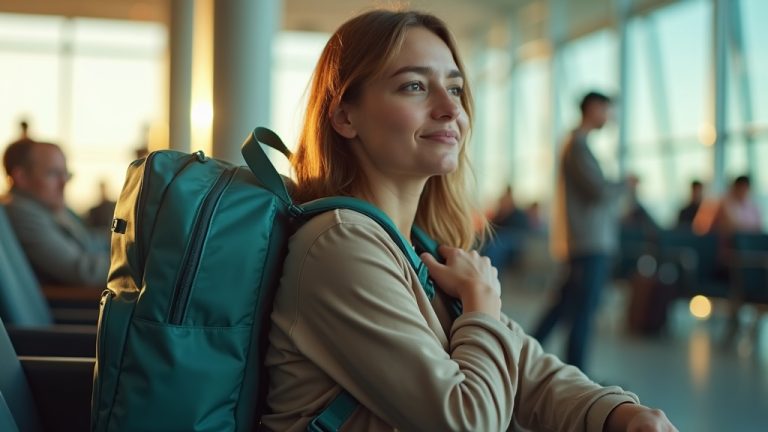 Traveler adjusting ergonomic backpack in a sunlit airport lounge, appearing comfortable and relaxed amid a softly blurred, busy background.