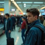 Traveler waiting anxiously at airport baggage claim amid a busy crowd, focusing on an empty carousel with a look of concern.