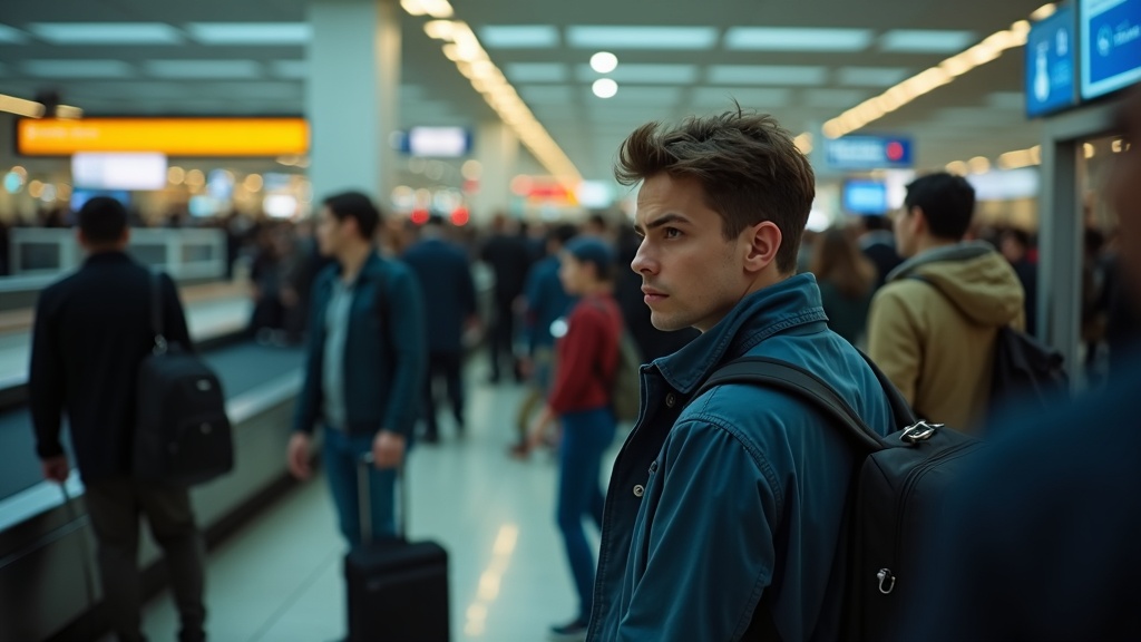 Traveler waiting anxiously at airport baggage claim amid a busy crowd, focusing on an empty carousel with a look of concern.