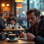 A traveler in a bustling cafe examines a clutter of different power adapters on a wooden table, visibly focused and slightly frustrated among the mix of adapters and warm coffee.