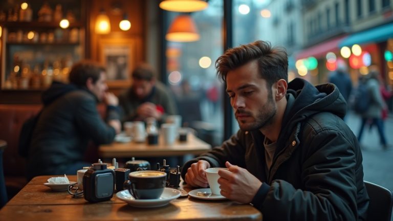 A traveler in a bustling cafe examines a clutter of different power adapters on a wooden table, visibly focused and slightly frustrated among the mix of adapters and warm coffee.
