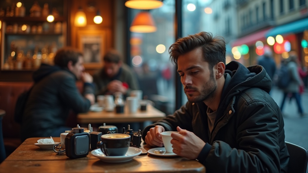A traveler in a bustling cafe examines a clutter of different power adapters on a wooden table, visibly focused and slightly frustrated among the mix of adapters and warm coffee.
