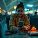 Traveler at airport terminal untangling charging cords at a busy station, focused on safely connecting multiple devices amid differing adapters.