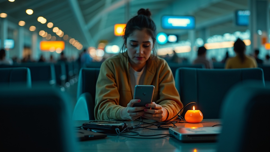 Traveler at airport terminal untangling charging cords at a busy station, focused on safely connecting multiple devices amid differing adapters.