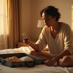 Traveler carefully selecting eco-friendly items from an open suitcase in a sunlit bedroom, highlighting sustainable packing choices.