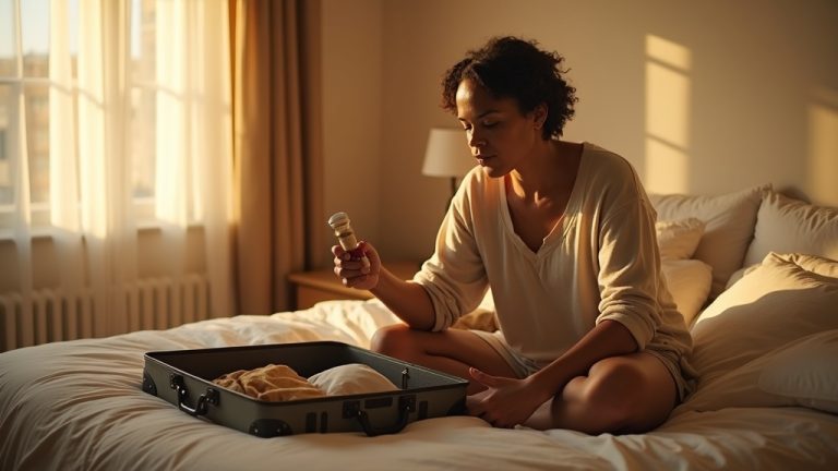 Traveler carefully selecting eco-friendly items from an open suitcase in a sunlit bedroom, highlighting sustainable packing choices.