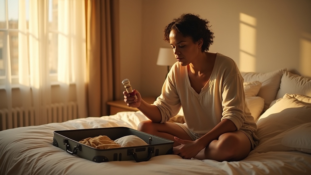 Traveler carefully selecting eco-friendly items from an open suitcase in a sunlit bedroom, highlighting sustainable packing choices.