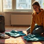A traveler choosing outfits beside an open backpack in a cozy urban apartment with sunlight streaming in, thoughtfully preparing minimalist essentials for a city break.