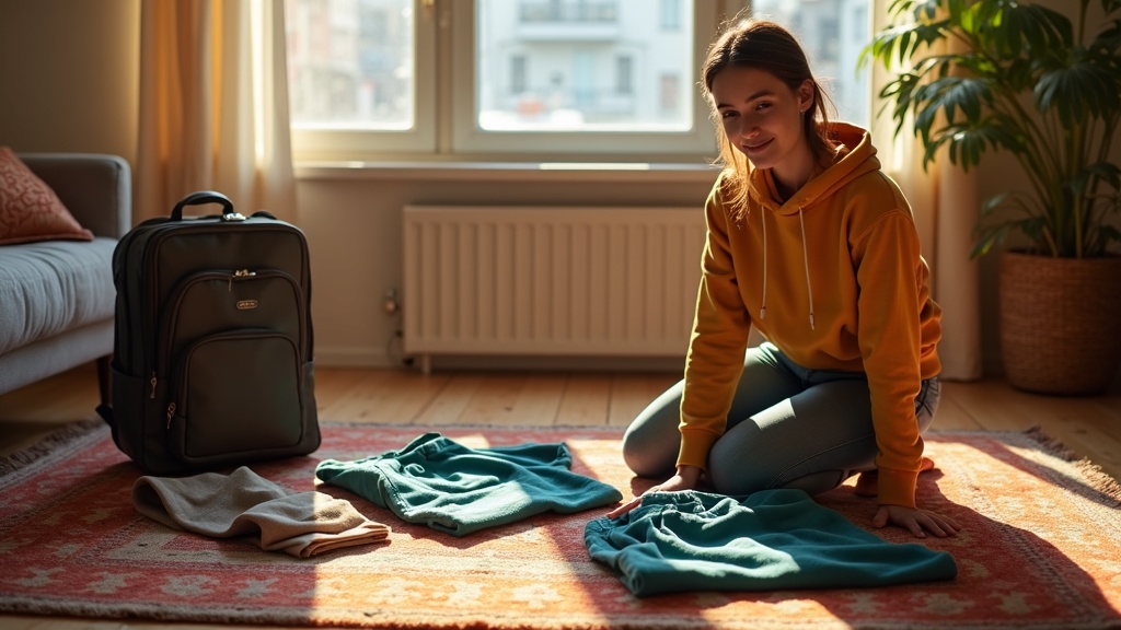 A traveler choosing outfits beside an open backpack in a cozy urban apartment with sunlight streaming in, thoughtfully preparing minimalist essentials for a city break.