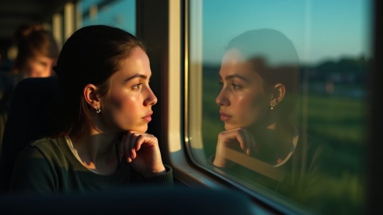 Young passenger gazing thoughtfully at their reflection on a train window, with warm natural light and blurred countryside scenery suggesting the challenges of comfort and space during a long journey.