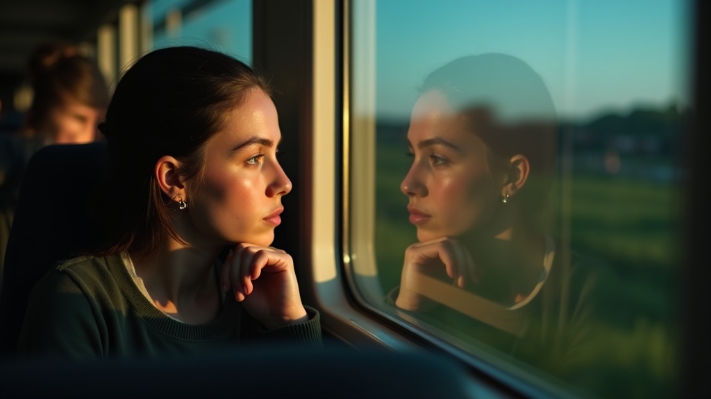 Young passenger gazing thoughtfully at their reflection on a train window, with warm natural light and blurred countryside scenery suggesting the challenges of comfort and space during a long journey.