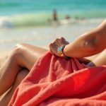 A person on a busy beach discreetly holds a coral red towel that partly conceals personal valuables, staying watchful amid lively surroundings.