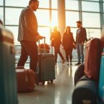 Traveler pausing in a busy airport terminal, surrounded by different styles of carry-on bags, thoughtfully considering a teal-accented suitcase amid the crowd.