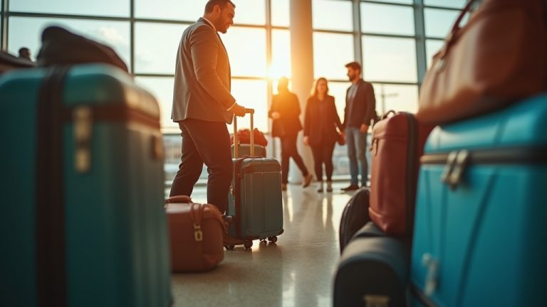 Traveler pausing in a busy airport terminal, surrounded by different styles of carry-on bags, thoughtfully considering a teal-accented suitcase amid the crowd.
