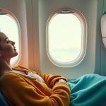 Traveler reclining comfortably in an airplane seat with colorful accessories arranged nearby and sunlight streaming through a window.