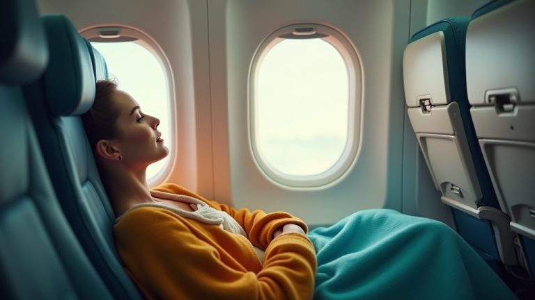 Traveler reclining comfortably in an airplane seat with colorful accessories arranged nearby and sunlight streaming through a window.