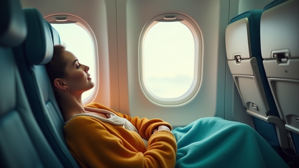 Traveler reclining comfortably in an airplane seat with colorful accessories arranged nearby and sunlight streaming through a window.