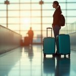 A traveler waits calmly beside the airport baggage carousel, gazing at moving suitcases under soft daylight with a sense of concern and anticipation.