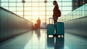 A traveler waits calmly beside the airport baggage carousel, gazing at moving suitcases under soft daylight with a sense of concern and anticipation.