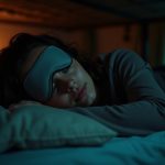 Traveler wearing a sleep mask rests on a hostel bunk bed at night, peaceful amidst ambient dorm lighting and subtle activity.