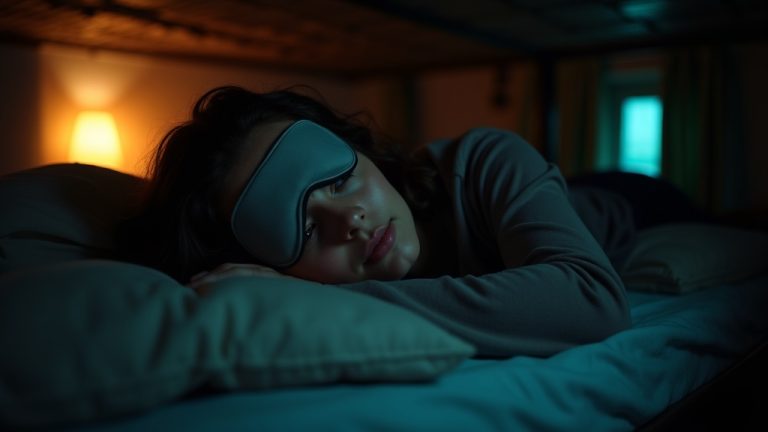 Traveler wearing a sleep mask rests on a hostel bunk bed at night, peaceful amidst ambient dorm lighting and subtle activity.
