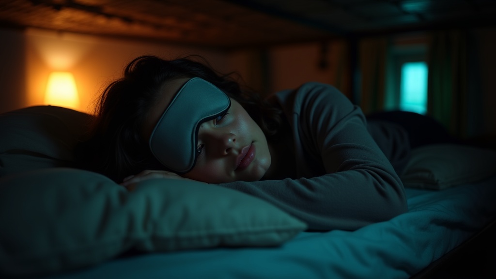 Traveler wearing a sleep mask rests on a hostel bunk bed at night, peaceful amidst ambient dorm lighting and subtle activity.