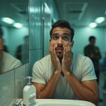 Traveler washing his face at a busy airport sink with minimal toiletries, early morning light highlighting relief and urgency.