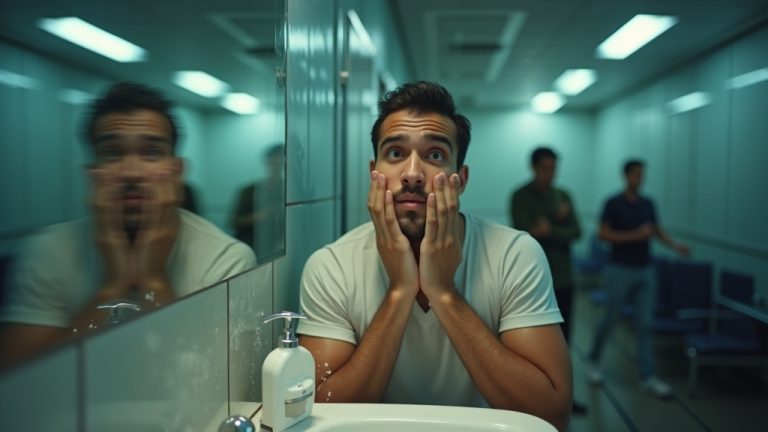 Traveler washing his face at a busy airport sink with minimal toiletries, early morning light highlighting relief and urgency.