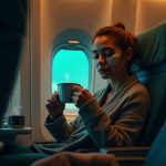 Traveler relaxing in an airplane with tea and a face mask, illuminated by warm cabin lighting, exemplifying a calming travel routine.