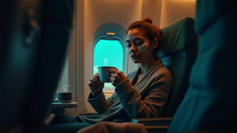 Traveler relaxing in an airplane with tea and a face mask, illuminated by warm cabin lighting, exemplifying a calming travel routine.