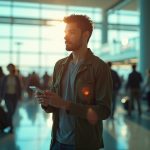Calm traveler checking their phone in a busy, sunlit airport terminal surrounded by a blurred crowd.