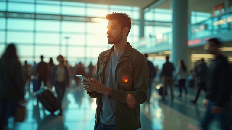 Calm traveler checking their phone in a busy, sunlit airport terminal surrounded by a blurred crowd.