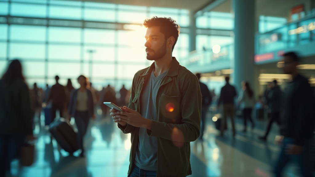 Calm traveler checking their phone in a busy, sunlit airport terminal surrounded by a blurred crowd.
