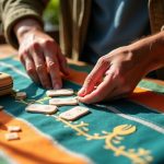 Hands organizing a personalized first aid kit with bandages and vials on a colorful fabric, sunlight illuminating the travel gear.