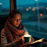 Traveler wrapped in a blanket on an overnight bus, holding a hot drink and illuminated by bus lights with blurred city lights outside the window.