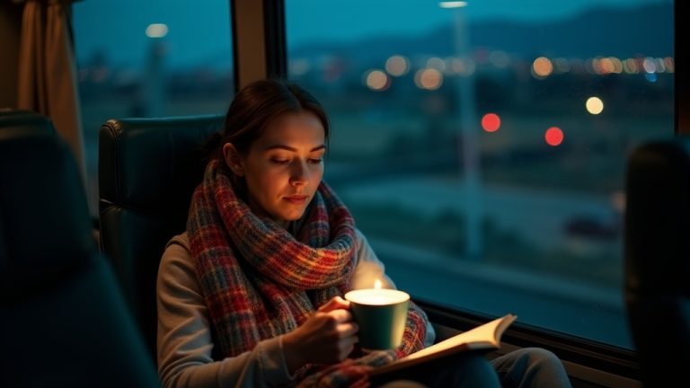 Traveler wrapped in a blanket on an overnight bus, holding a hot drink and illuminated by bus lights with blurred city lights outside the window.