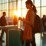 A focused traveler filling a reusable water bottle at an airport station among lively crowds and colorful luggage during sunset.