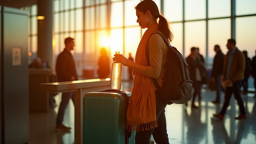 A focused traveler filling a reusable water bottle at an airport station among lively crowds and colorful luggage during sunset.
