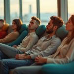 Travelers in an airport lounge test different travel pillows, each displaying varied reactions as they seek comfort among plush seating and natural afternoon light.