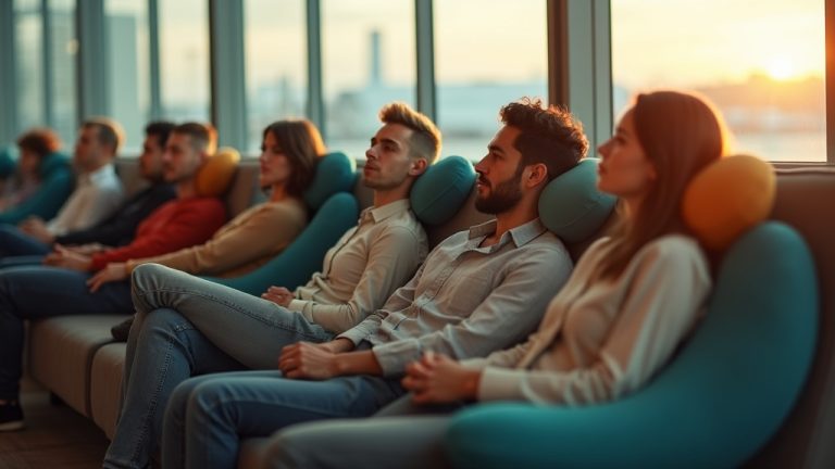 Travelers in an airport lounge test different travel pillows, each displaying varied reactions as they seek comfort among plush seating and natural afternoon light.