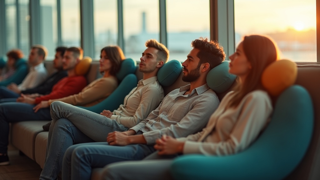 Travelers in an airport lounge test different travel pillows, each displaying varied reactions as they seek comfort among plush seating and natural afternoon light.