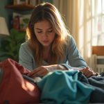 A young traveler contemplates packing a backpack or suitcase in a sunlit, cozy bedroom, with clothes spilling from both bags in a scene of thoughtful decision-making.