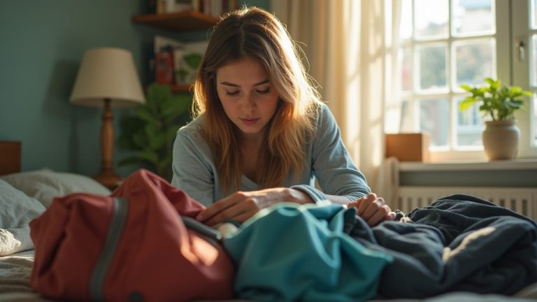 A young traveler contemplates packing a backpack or suitcase in a sunlit, cozy bedroom, with clothes spilling from both bags in a scene of thoughtful decision-making.
