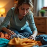 A focused young traveler deciding what clothes to pack while kneeling by an open carry-on in a warmly lit bedroom.