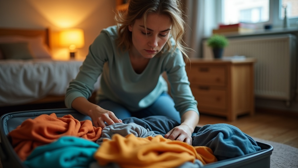 A focused young traveler deciding what clothes to pack while kneeling by an open carry-on in a warmly lit bedroom.
