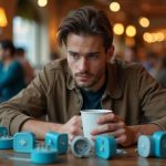A young traveler thoughtfully examines several international adapters on a cozy café table, considering which one suits their trip best.